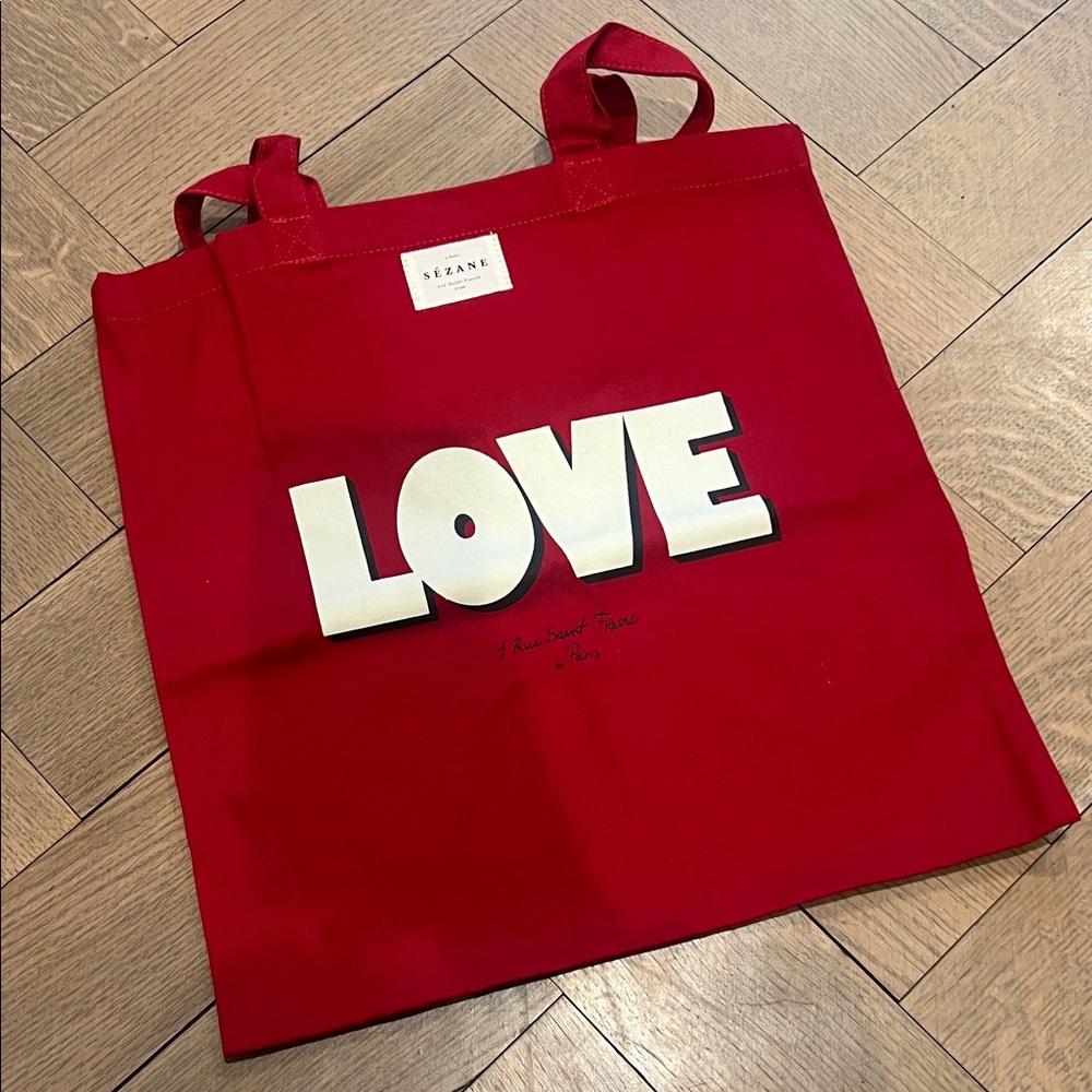 Sezane Red Tote Bag with White 'LOVE' Print